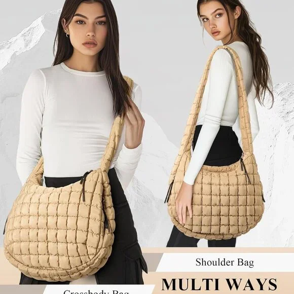 Brand New Light Khaki Puffer Tote Bag 18x14 Large Travel Compact